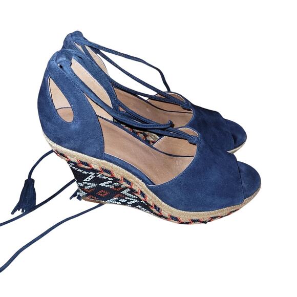 Cabi Womens Isla Wedge Espadrille Sandals Ankle Wrap Navy Suede Boho Size 6 - Picture 1 of 11